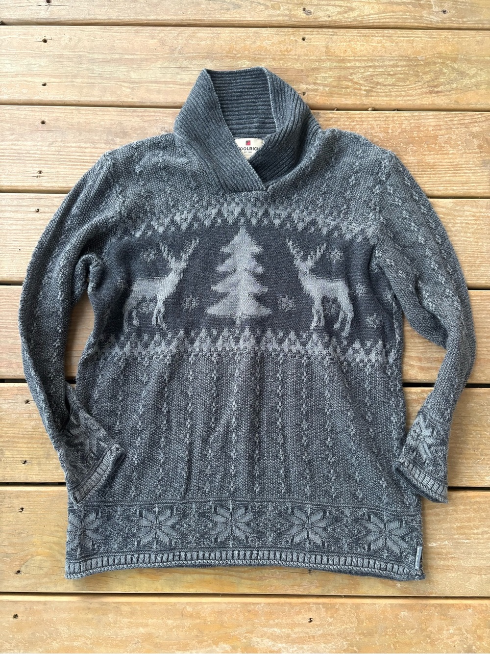 Woolrich Gray V-Neck Nordic Reindeer Knit Sweater